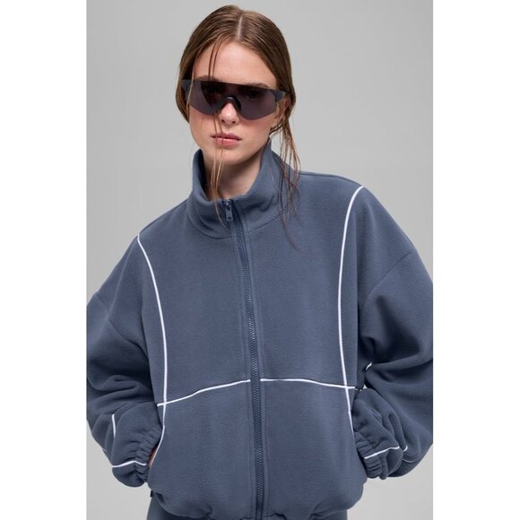 NWT Alo Yoga Polar Fleece Game Time Full Zip Jacket Bluestone/White Size Medium - Picture 1 of 8